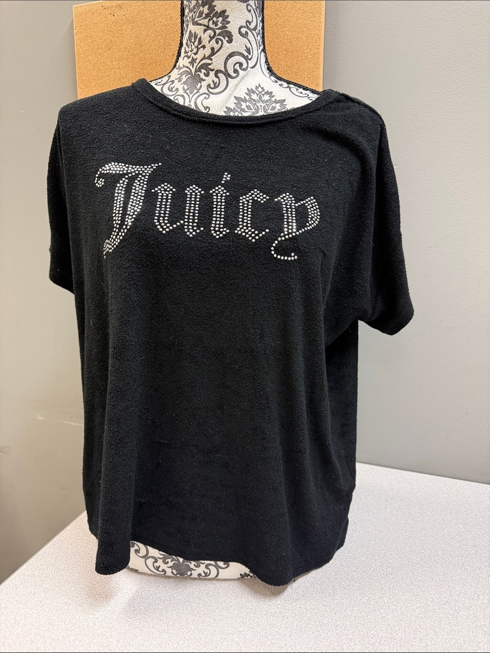 Juicy Couture Sleepwear XL Black Terry Cloth Rhinestone Logo Lounge Top Y2K
